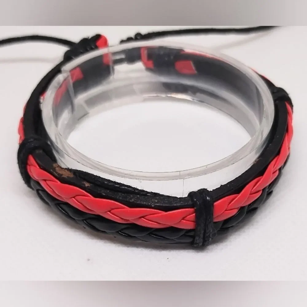 Men's bracelet leather braided layered black red new e98